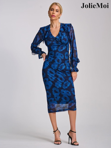 Jolie Moi Blue Abstract Long Sleeve Ruffle Detail Mesh Bodycon Dress (Y46588) | SGD 132
