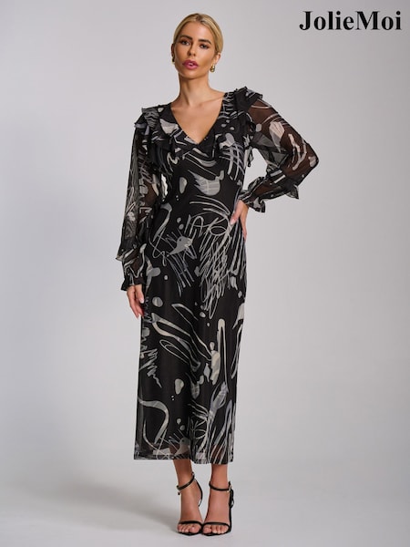 שחור אבסטרקטי - Jolie Moi Ruffle V-Neck Long Sleeve Mesh Midaxi Dress (Y46591) | ‏377‏₪