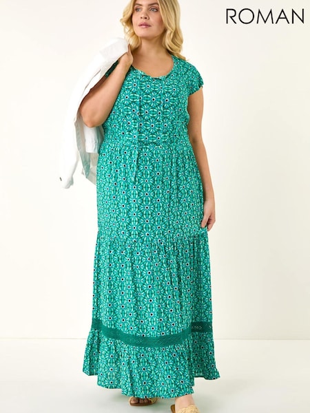 Blå - Roman Curve Floral Print Swing Midi Dress (Y46662) | kr982