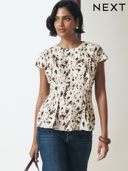 Ecru Speckle Print - Soft Peplum Short Sleeve Top
