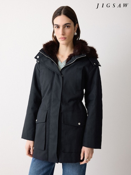 Jigsaw Blue Faux Fur Trim Hooded Parka (Y46978) | AED2,038