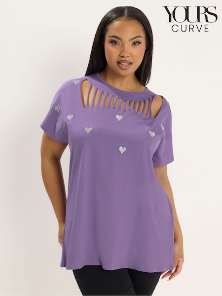 Yours Curve Purple Heart Embroidery Slash Top (Y47051) | ₪136