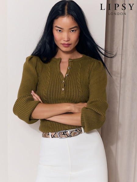 Olive Green - Lipsy Cable Knit Button Detail Jumper
