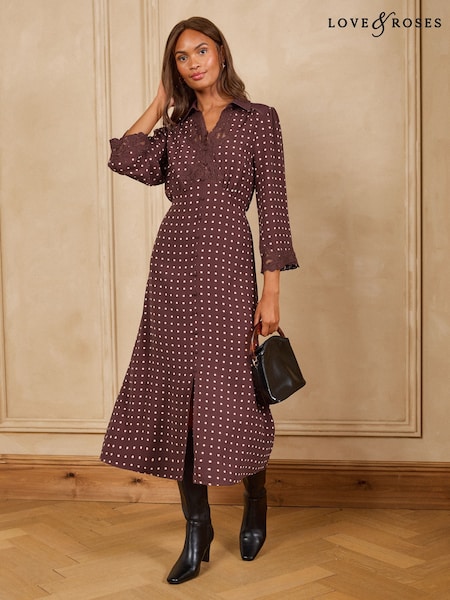 Czekoladowy w kropki - Love & Roses Lace Trim Collared Midi Dress