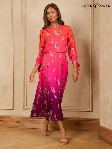 Pink - Love & Roses Animal Metallic Ombre Tie Cuff Midi Dress