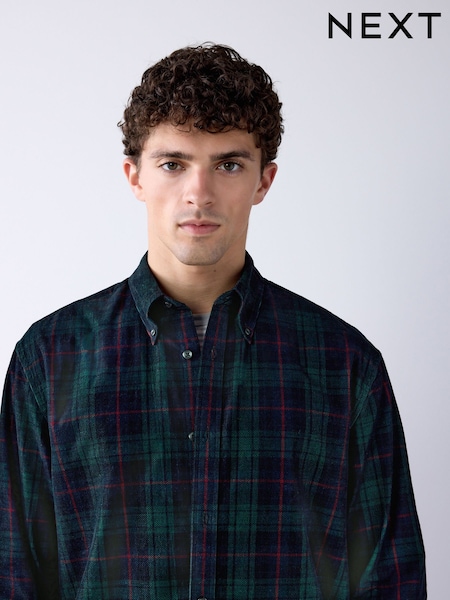 Dark Green - Regular Cord Tartan Check Long Sleeve Shirt