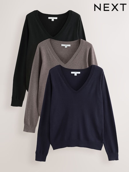 محايد/أسود - Cotton Rich Soft Touch V-neck Jumpers 3 Pack