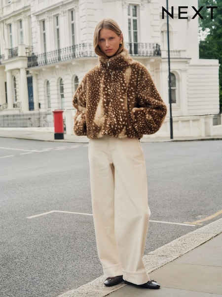 Brown Animal Print - Faux Fur Funnel Neck Zip Through Deer Jacket