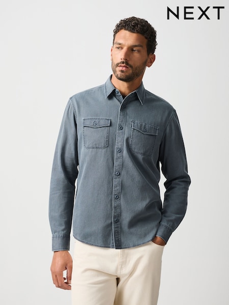 Blue - Regular Garment Dye Washed Long Sleeve Overshirt