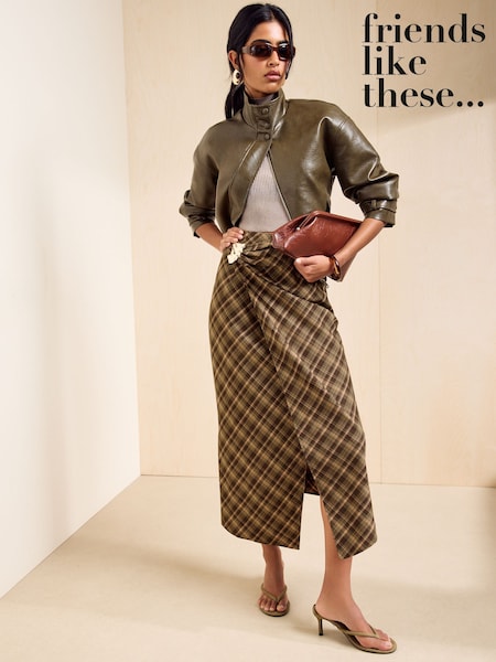 Green - Friends Like These Checked Wrapover Trim Detail Midi Skirt