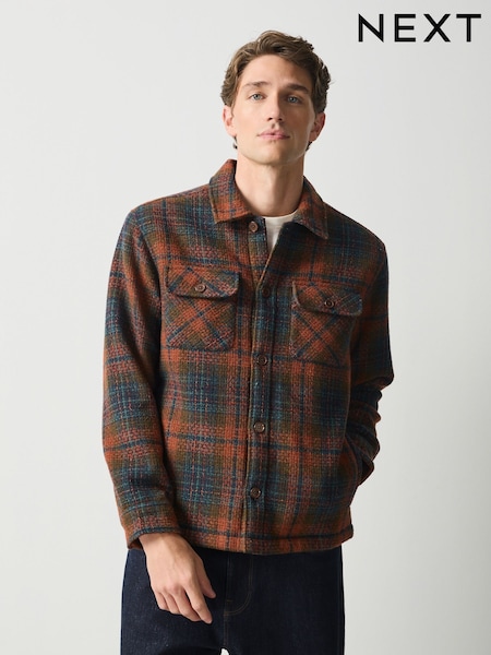 Rust Brown - Regular Borg Lined Check Shacket
