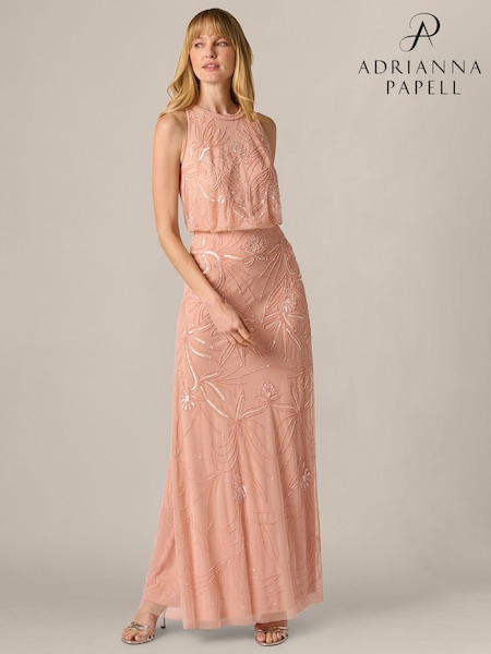 Adrianna Papell Pink Bead Blouson Long Dress (Y47664) | $620