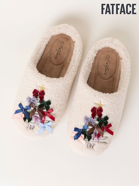 Ivory - Fatface Christmas Tree Bow Flexi Mule Slipper