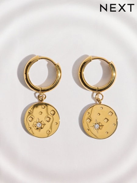 Gold Tone - Waterproof Stainless Steel Celestial Hoop Earrings