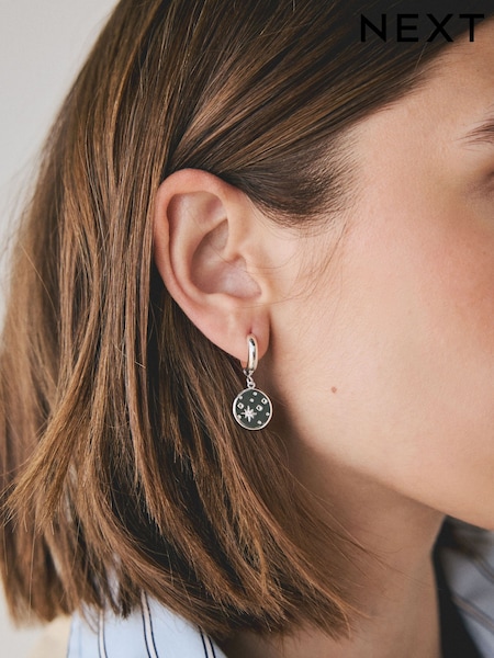 Silver Tone - Waterproof Stainless Steel Celestial Hoop Earrings