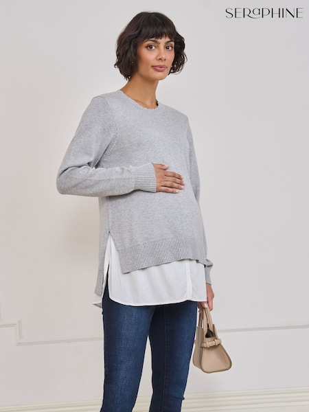 Grå - Seraphine Maternity Scalloped Knit Nursing Shirt & Jumper Set