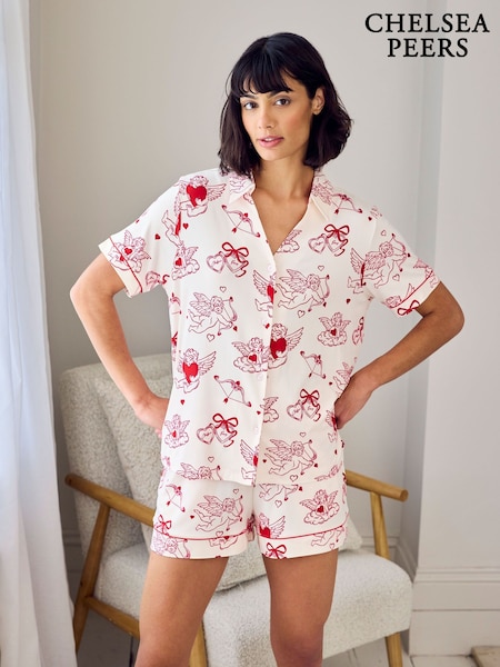 Chelsea Peers Pink Short Pyjamas Valentine's Cherubs Print Long Pyjamas Set (Y48631) | $87