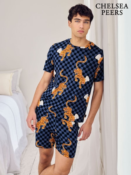 Chelsea Peers Blue Leopard Chef Print Crew Short Pyjamas Set (Y48636) | $62