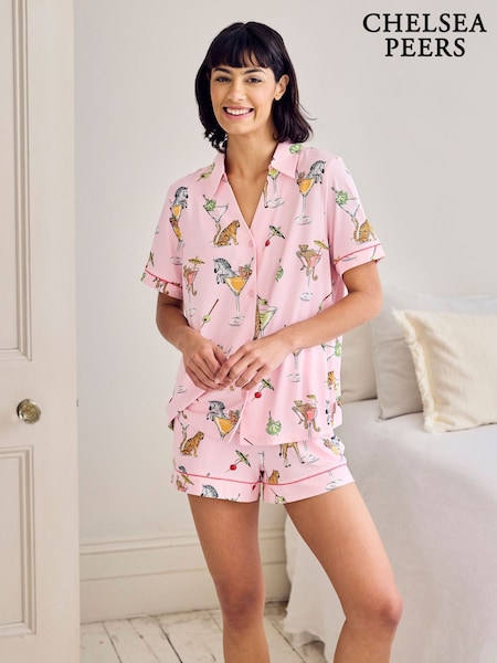 Chelsea Peers Pink Short Sleeve Martini Animals Print Long Pyjamas Set (Y48638) | $87