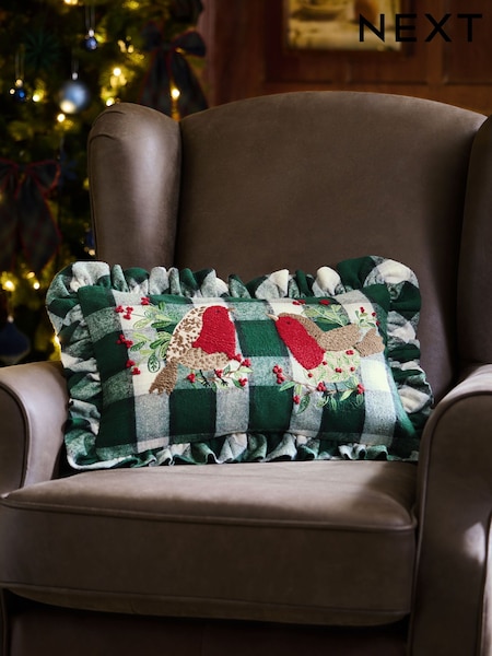 50x30 Christmas Tartan Embroidered Robin Oblong Cushion