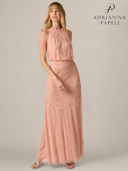 Adrianna Papell Pink Petite Bead Blouson Long Dress (Y49159) | $620