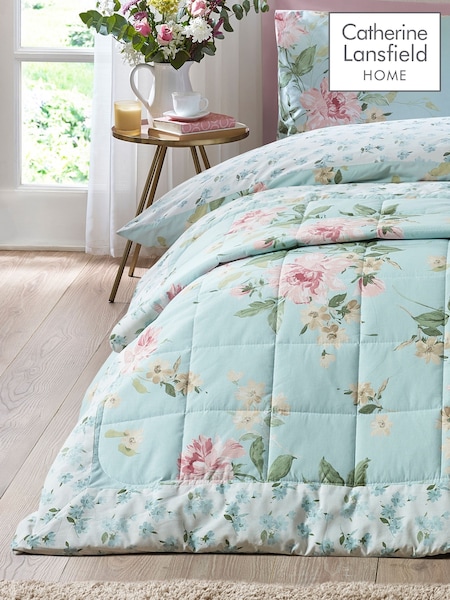 Catherine Lansfield Duck Egg Blue Avebury Floral Reversible Quilted Bedspread (Y49431) | kr864