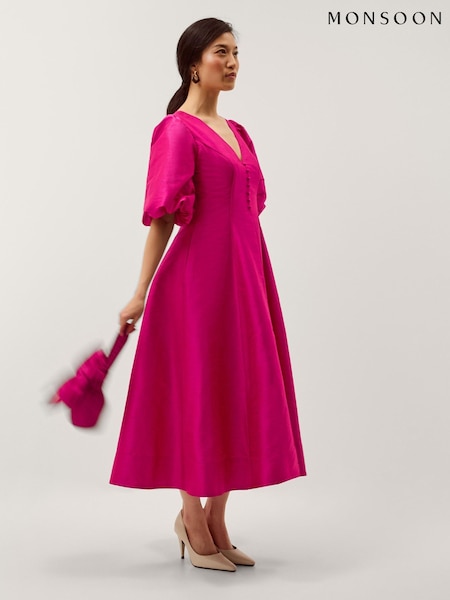 Monsoon Pink Beatrice Puff Sleeve A Line Midi Dress (Y49472) | AED923