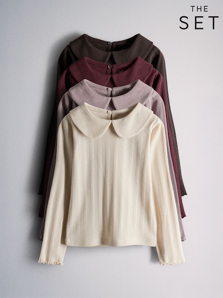 Cream/Purple/Red - The Set 4 Pack Long Sleeve Collared Pointelle Tops