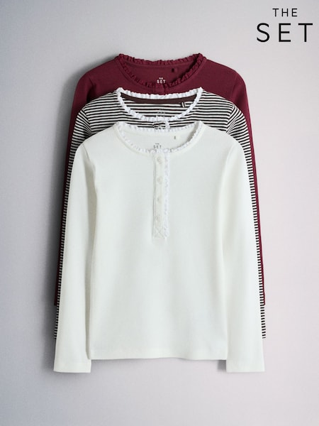 Burgundy Red/Cream/Chocolate Brown Stripe - The Set Long Sleeve Lace Trim Rib Jersey Henley T-shirts