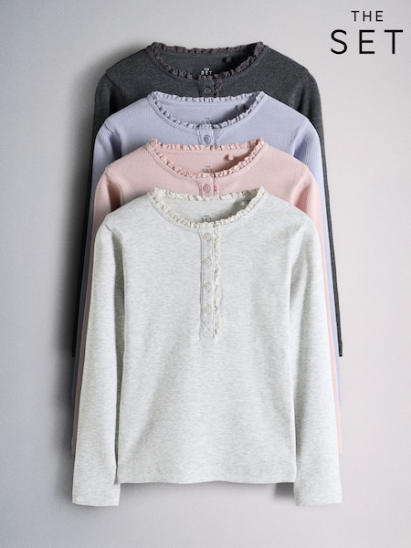 Cor-de-rosa/Azul/Cinza Mesclado/Cinza - The Set Long Sleeve Lace Trim Rib Jersey Henley T-shirts