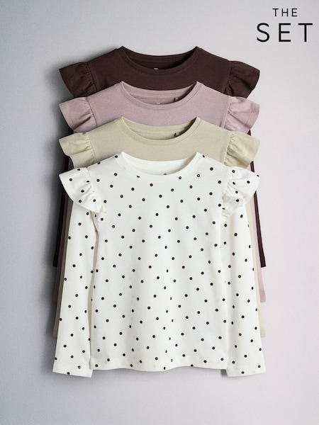 Chocolate Brown/Spot/Purple/Green - The Set 4 Pack Long Sleeve Frill Shoulder Jersey T-shirts