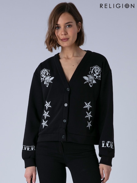 Religion Black Love Button Sweatshirt Cardigan With Contrast Embroidery (Y50062) | ₪473