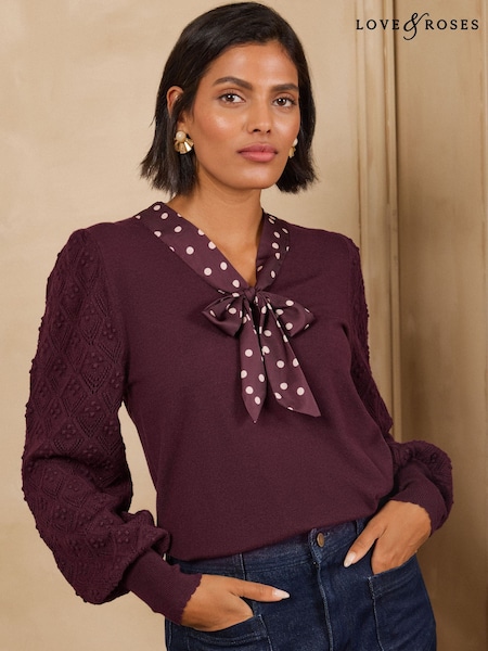 Burgundy Red Polka Dot Satin - Love & Roses Tie Neck Knitted Top