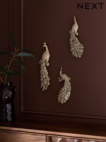 Set Of 3 Antiqued Effect 3d Peacocks Wall Art