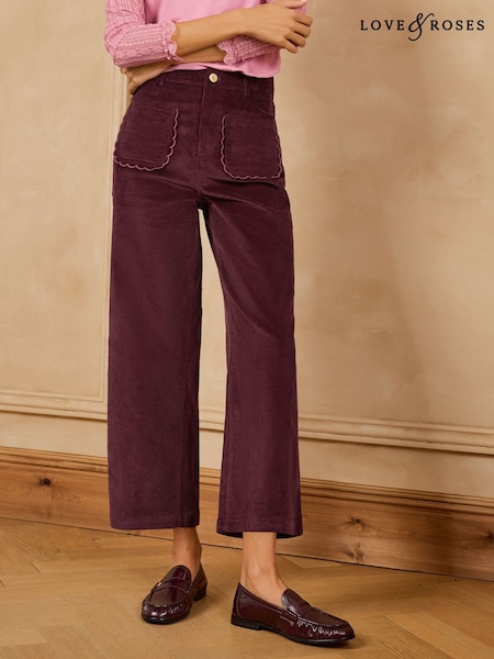 Burgundy Red - Love & Roses Wide Leg Cropped Corduroy Trousers