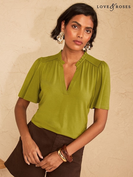 Lime Green - Love & Roses Notch Neck Flutter Sleeve T-shirt