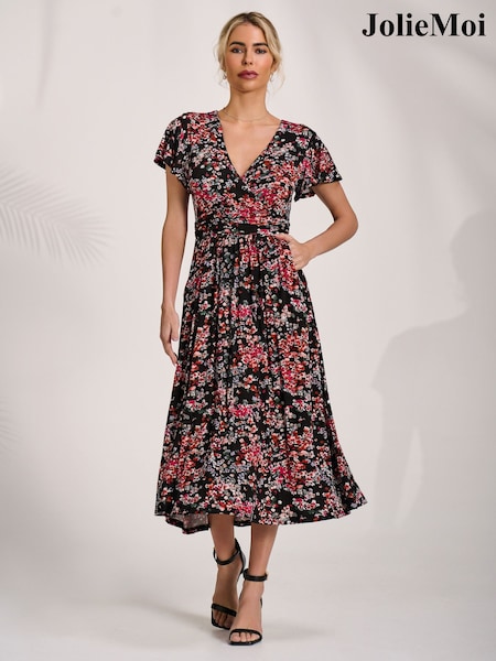 Jolie Moi Black Wrap Jersey Midi Dress (Y50511) | $149