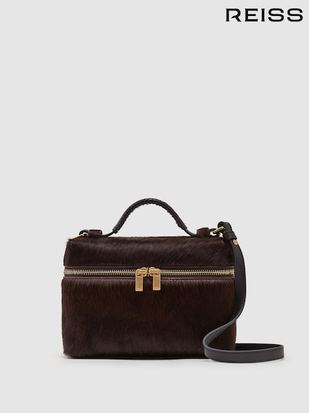 شوكولاتة - Reiss Ines Pony Hair-effect Vanity Crossbody Bag