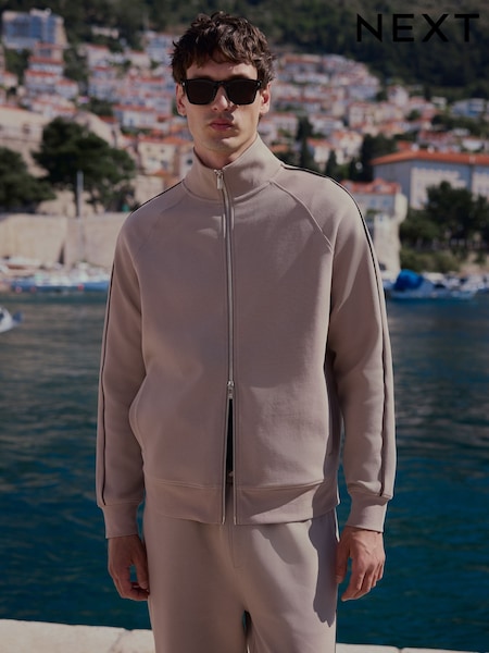Neutral - Regular Textured Pique Zip Through Funnel Sweat Top