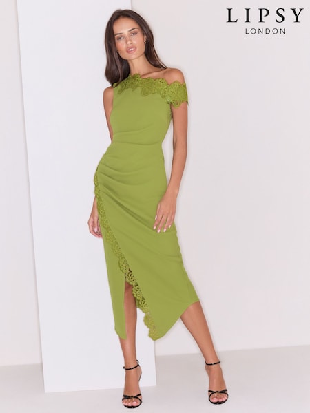 Olive Green Lace Trim - Lipsy Off The Shoulder Gathered Waist Midi Dress