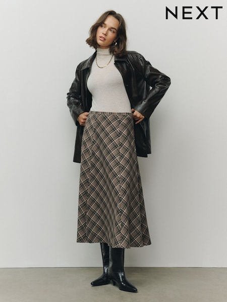 Mink Brown - Check Midi Skirt