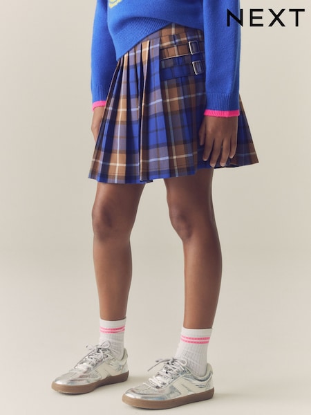 Cobalt Blue / Tan Check - Pleated Kilt Skirt (3-16yrs)
