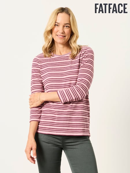 Dusky Pink - Fatface Textured Stripe 3/4 Sleeve T-shirt