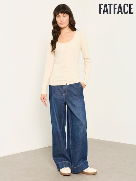 Ecru - Fatface Button Ribbed Long Sleeve Top
