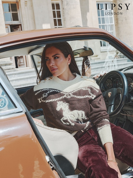 Cream and Burgundy Red - Lipsy Horse Detail Knitted Jumper
