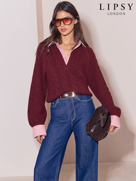 Burgundy Red Pink Stripe - Lipsy V-neck Shirt 2-in-1 Knitted Jumper