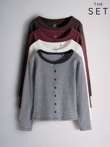 Navy Stripe/Burgundy/Chocolate Brown - The Set 4 Pack Long Sleeve Rib Jersey Button Through Tops