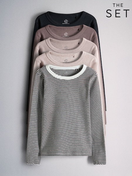 Cream/Light Brown/Brown/Grey/Black - The Set 5 Pack Rib Jersey Tshirts