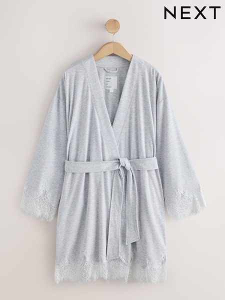 Light Grey - Lace Detail Ribbed Lightweight Dressing Gown