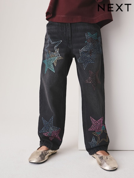 Charcoal Grey Star Diamante - Džíny Rovný střih (3-16let)